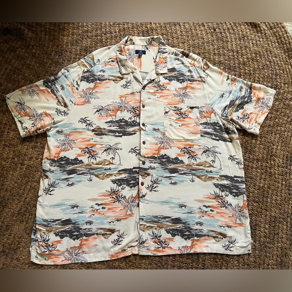 George Shirt Mens 3XL, White, Hawaiian Island Ocean print, palm trees, boats